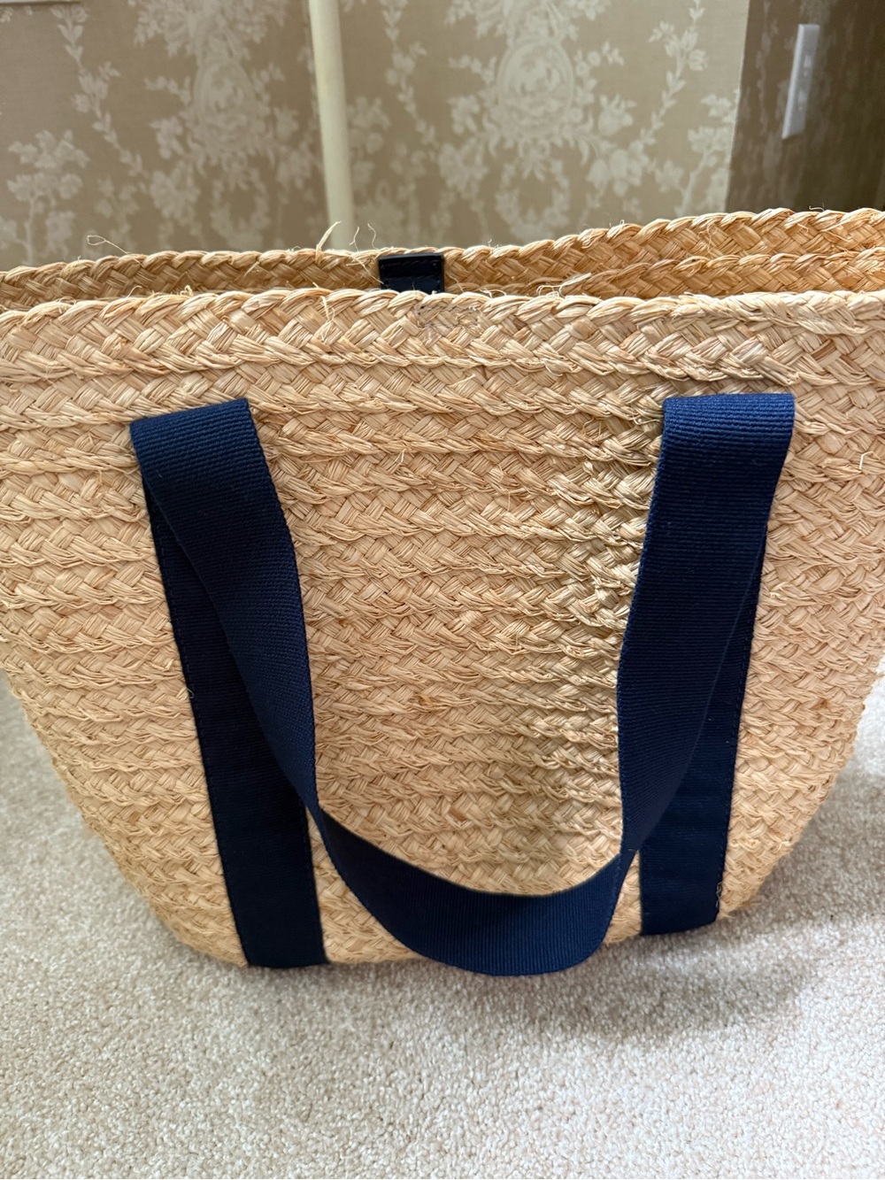 J Crew NWT Natural Straw Tote with Navy Webbed Handles